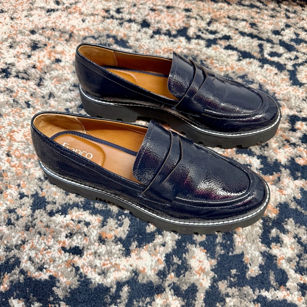 Franco Sarto ‘Balin’ Lug Sole Chunky Loafer in Navy Blue Patent Leather Size 10 - Picture 11 of 16
